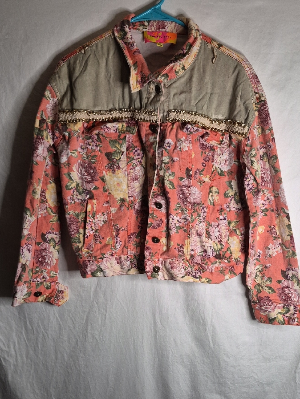 english rose Coral Floral Patchwork Jean Jacket with Beige Yoke